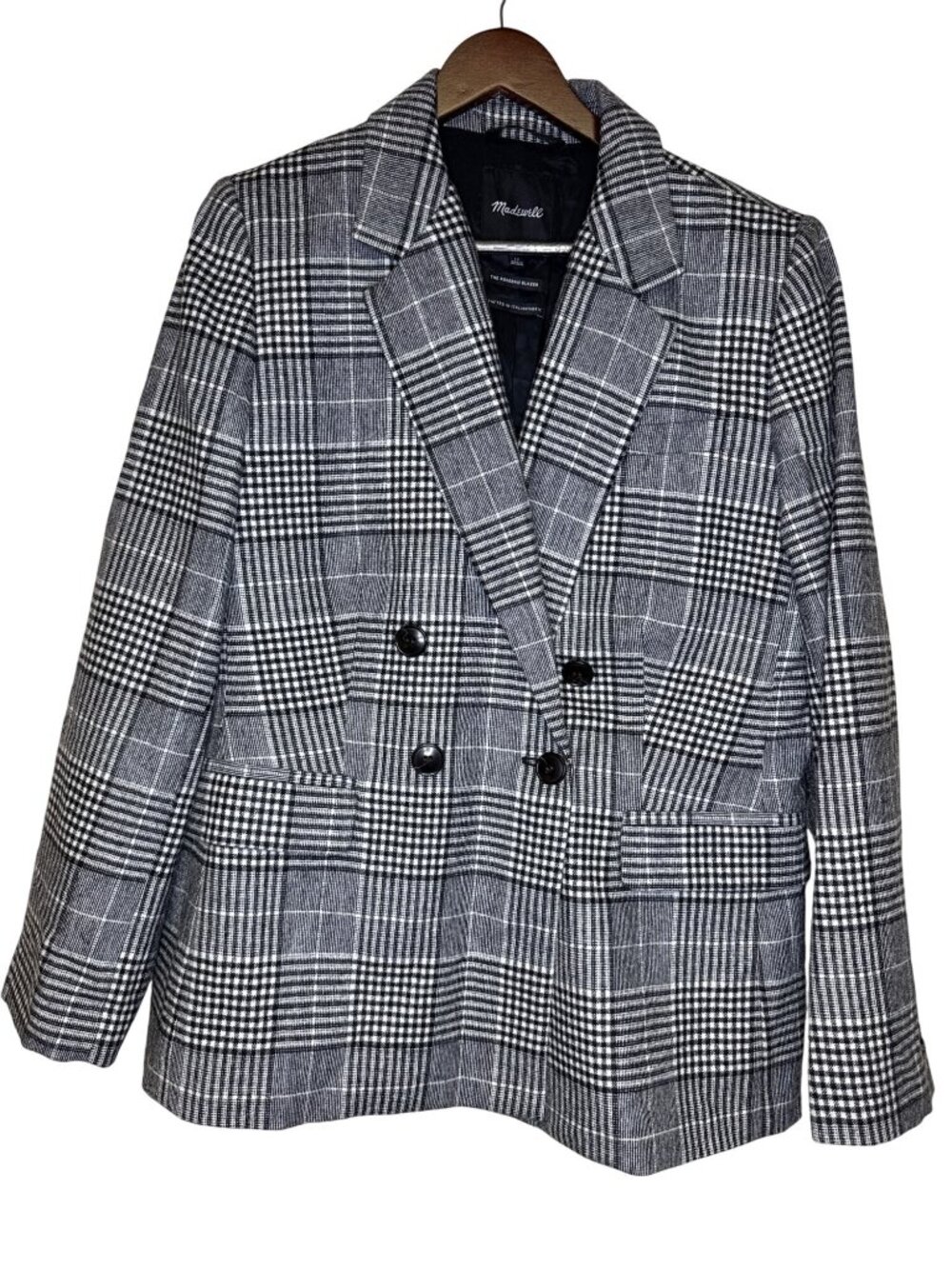 Madewell Rosdale Blazer Women’s 12 Plaid Double Breasted Recycled Wool Gray NEW